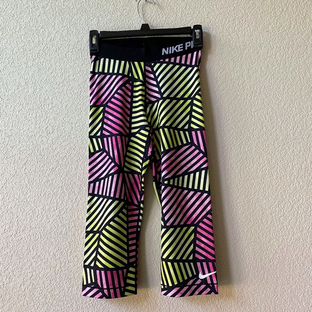 Nike Pro Dri-Fit Capri Leggings - Women's Size USA Small - Black, Pink & Yellow